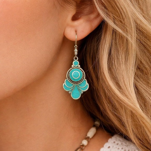 Boho Imports Jewelry - Tibetan Handmade Dangle Earrings In Turquoise Gemstones Boho Style